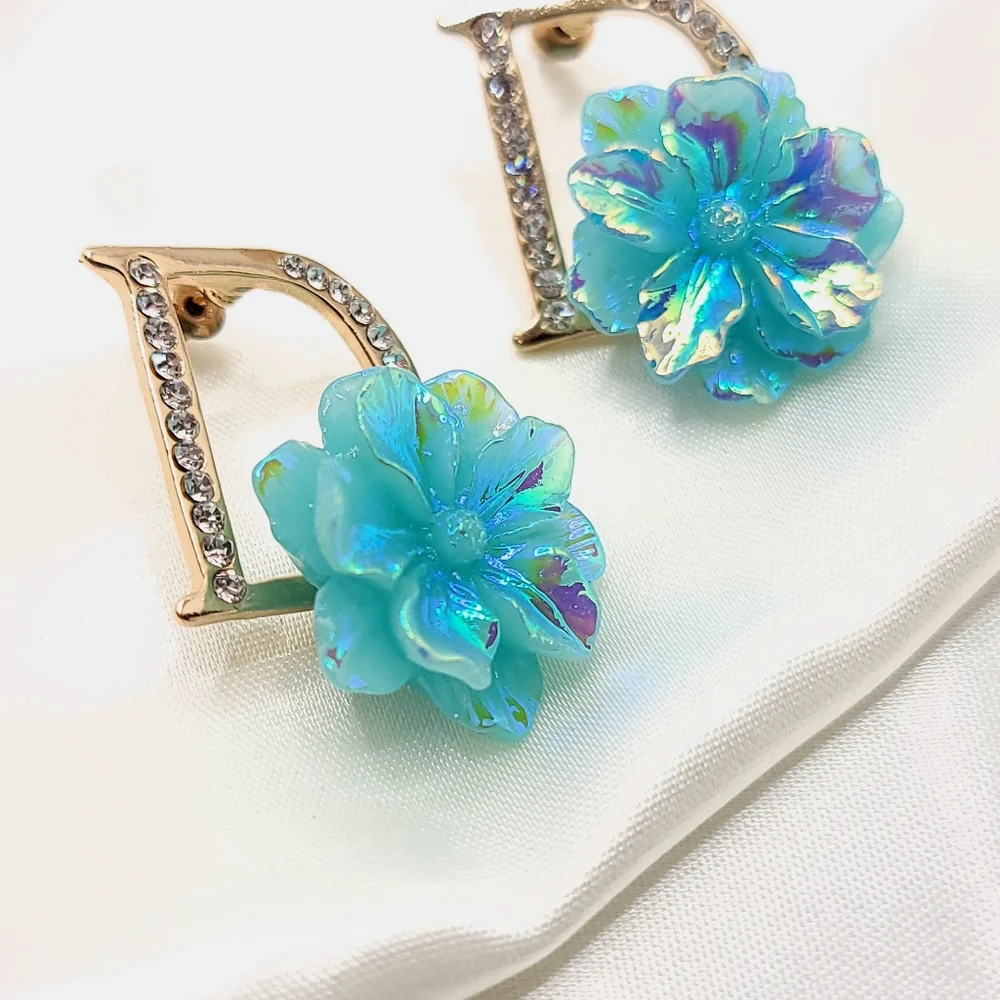Iridescent Icy Blue Initial D Stud Earrings Aqua flower Earrings Diamond Studded